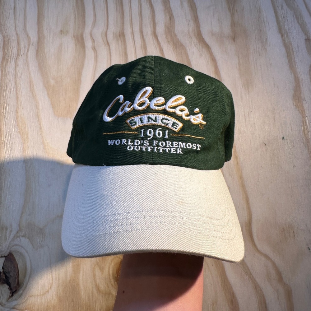 Cabelas Since 1961 Worlds Foremost Outfitter Hat Green Tan Strapback Cap